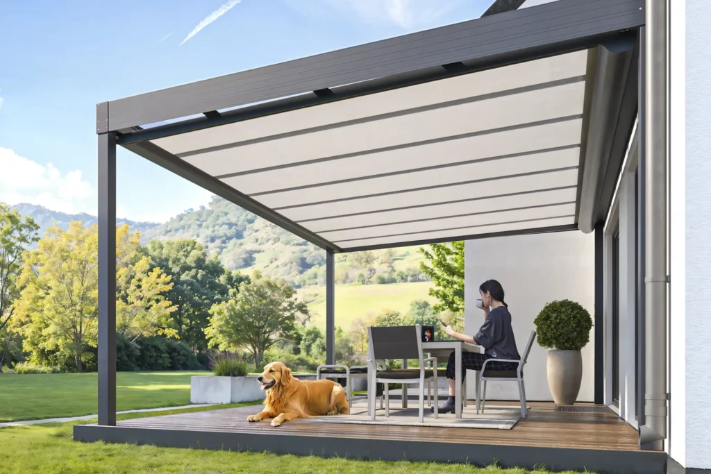 Unterdachmarkise zur Terrassenüberdachung, manuell oder elektrisch steuerbar